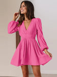 Deep V-neck dress long sleeve solid color women's pleated skirt patchwork dress