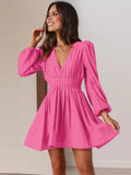 Deep V-neck dress long sleeve solid color women's pleated skirt patchwork dress