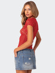 round neck lace short-sleeved women's sexy wind hollow slim top summer Y2K female T-shirt