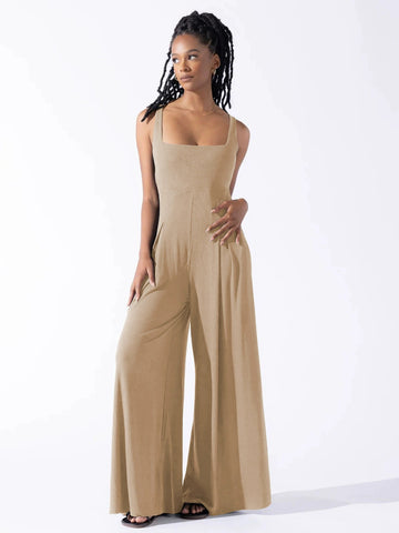 Spring and summer high-waist-style commuter casual pants solid color loose jumpsuit