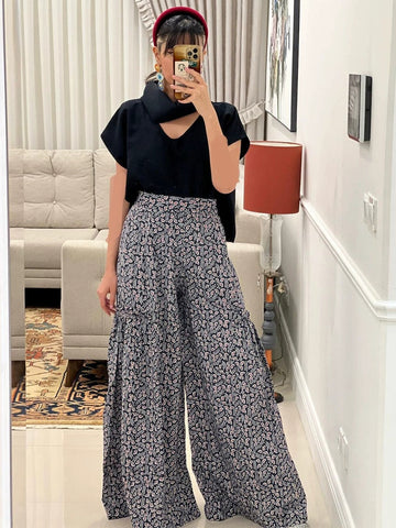 Printed summer high-waisted casual pants straight leg pants