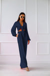 Cardigan tie long sleeve top wide leg trousers two-piece suit