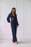 Cardigan tie long sleeve top wide leg trousers two-piece suit