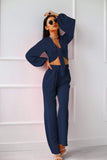 Cardigan tie long sleeve top wide leg trousers two-piece suit