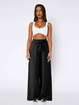 Straight leg casual loose wide leg tie up women's pants