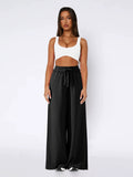 Straight leg casual loose wide leg tie up women's pants