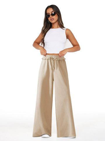 Straight leg casual loose wide leg tie up women's pants