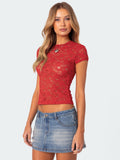 round neck lace short-sleeved women's sexy wind hollow slim top summer Y2K female T-shirt