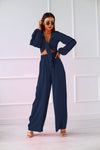 Cardigan tie long sleeve top wide leg trousers two-piece suit