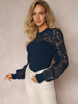 splicing lace commuter temperament intellectual style hollow long sleeve T-shirt