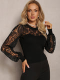 splicing lace commuter temperament intellectual style hollow long sleeve T-shirt