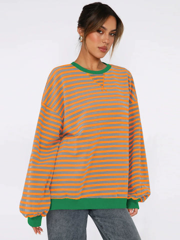 round neck hoodie 2024 new color striped shirt women loose casual fashion baseball clothing