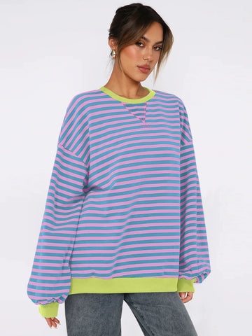 round neck hoodie 2024 new color striped shirt women loose casual fashion baseball clothing