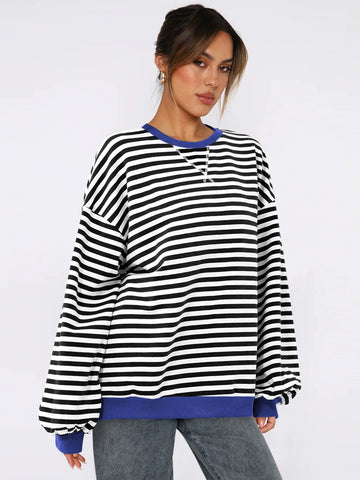 round neck hoodie 2024 new color striped shirt women loose casual fashion baseball clothing